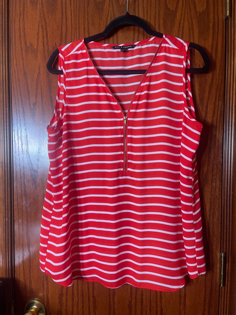 Zac & Rachel Red and White Striped Zip-Front Sleeveless Top